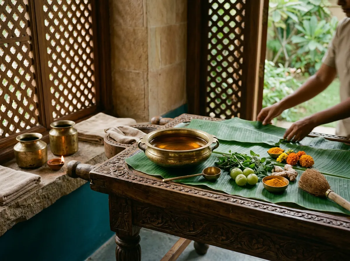 Ayurvedic Panchakarma treatment room with herbal oils