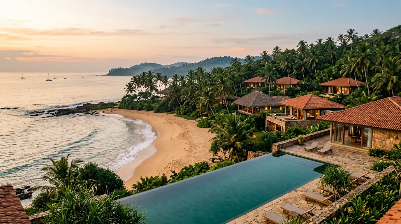 Private villas among palms above a secluded beach on Sri Lanka’s South Coast at dawn