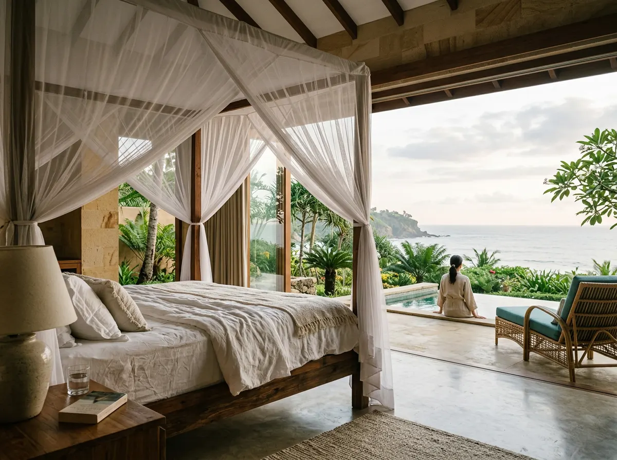 Private recovery villa bedroom opening onto a plunge pool and the ocean
